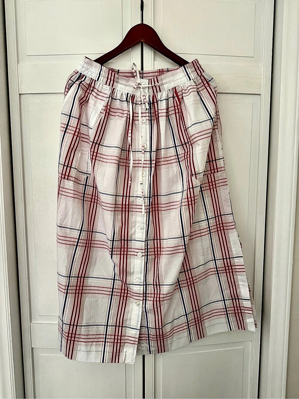 Free Assembly Cotton Button Front Maxi Skirt Plaid Midi Skirt White & Red Small